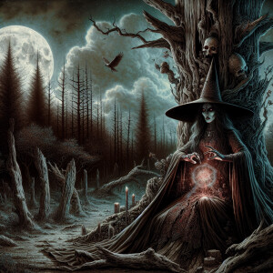 A striking, cinematic illustration of a witch standing beside a...