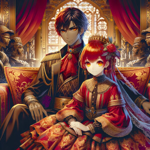 Lilith as a girl with elegant gothic lolita dress sit on the lap of handsome lucifer, the girl has red hair and golden eyes, thrones, red elegant luxury background