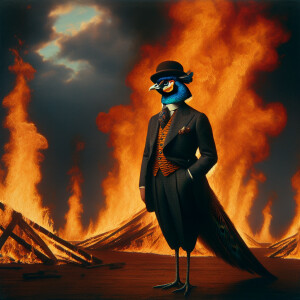 Bird in business suit and hat stay in flame