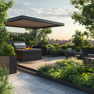 Create a detailed design for a contemporary rooftop garden that...