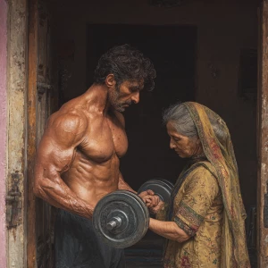 Hyperrealism painting,A muscular beefy sweaty kashmiri man doin...