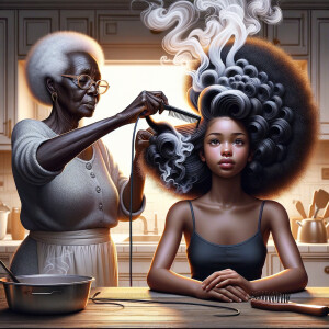 Create a realistic 3-D image of an african-American grandmother in the kitchen with her african-American granddaughter. The grandmother has a hot comb in her hair and she is straightening her granddaughters hair. One side of her granddaughters hair is in  a Afro the other is bone straight 
There is smoke coming from the hot comb