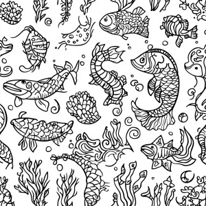 coloring book page::A whimsical pattern of mermaids and sea crea...