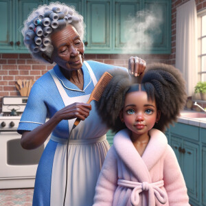 Create a realistic 3-D image of an african-American grandmother wearing a blue house dress and a white apron . She is in the kitchen with her african-American granddaughter. Her granddaughter is wearing a pink bath robe. The grandmother has a hot comb in her hand and she is straightening her granddaughters hair. One side of her granddaughters hair is in  a Afro the other straight 
There is smoke coming from the hot comb
The granddaughter is making a face