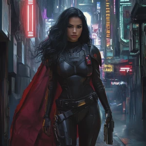 Depict Dahlia Valentina (DahliaValentina_ai) – a fit, tall, supple, well-endowed, tanned Italian-American model with long wavy black hair – as a rogue bounty hunter in the Star Wars universe. She stands confidently in a dimly lit, neon-soaked alley on Coruscant, surrounded by flickering holographic signs and towering futuristic skyscrapers. She wears sleek, form-fitting bounty hunter armor with dark metallic tones, accented by crimson streaks and subtle battle scars. A half-cape drapes over one shoulder, flowing slightly in the breeze. Dahlia’s helmet is off, held under one arm, revealing her striking face with a fierce, determined expression. A blaster pistol rests in her holster, and a faint scar runs across her cheek, hinting at past battles. The glow from nearby neon lights reflects off her armor, creating an atmospheric blend of shadows and color. The background reveals distant speeder traffic zipping through the cityscape, adding to the sense of motion and danger.