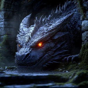 A detailed, intimidating dragon with glowing eyes and sharp scal...