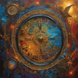 In the center of the canvas, a gilded luminescent time portal sh...