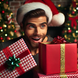 A man with neatly slicked-back brown hair dons a festive Santa h...