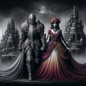 Black and grey knight standing with a Greek queen who has a burgundy , gold and pink dress on in front of a undead castle