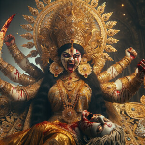 photograph of angry looking goddess durga victory posing on a de...
