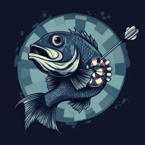 A cool vector avatar of a human like sea bass playing darts. Sim...