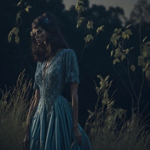 Create an image of a woman in a long, flowing blue dress with in...