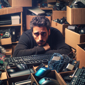 Sad Armenian sitting at his computer with a bunch of different b...