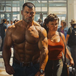 Realism.A man( muscular beefy criminal) walking with a woman(his...