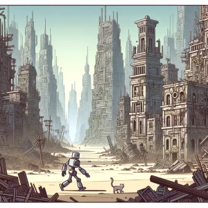 A vast, abandoned cityscape. Crumbling buildings fill the enviro...