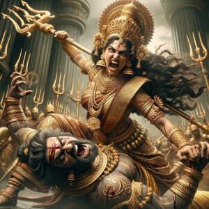 portrait of angry looking, indian goddess lunging at a weak mahishasur with a trident in her hand. She is wearing gold armor, a huge gold crown, gold saree, abundant  gold jewelry, covered in blood. The scene is set in ancient India. The image is 8K resolution, cinematic, photography, ultra detailed face and epic.