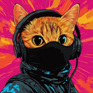 A wide-eyed ginger cat wearing a black tactical balaclava (or ma...