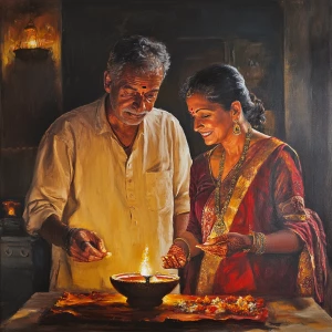 Realistic painting,a muscular sweaty criminal celebrating diwali...