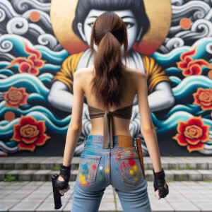 Attractive, Asian teenage girl, long brown hair and bangs, wearing tight skinny jeans and a halter top paint marks on her clothing, backside view heroic pose Asian graffiti