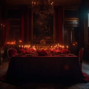 In a lavishly adorned chamber, a sinister, transparent ghostly s...