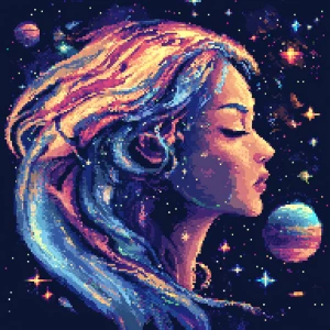 Create a 16-bit pixel art image of an alien girl with cosmic-the...