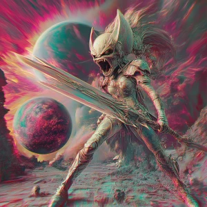 Create a 3D stereograph image of an alien girl with a ferocious...