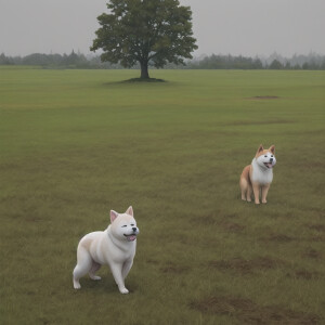 Dog Akita Inu in rainy field with one tree behind