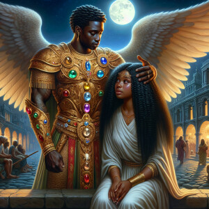 Create an oil painting image featuring a male angel and a grievi...
