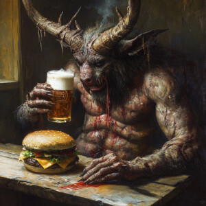 Wendigo eating a big fat cheeseburger and drinking a cold coors...