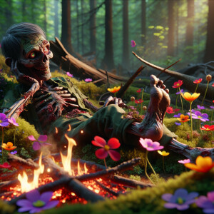 A cute zombie in the forest, laying on burning grass, enjoying t...