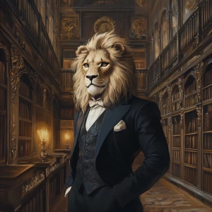 Digital painting. An anthropomorphic lion, dressed in a tailored...