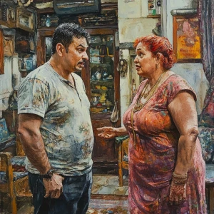Realistic art 1:1,A muscular sweaty man talking to his 54 year o...