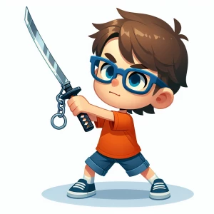 A 11 year old boy with dark blue glasses orange T-shirt blue sho...