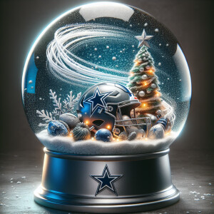 snow globe that shows a Dallas Cowboys helmet and Christmas tree...