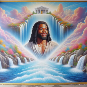 A hyper-realistic 3-Dh oil painting colorful waterfall out of th...