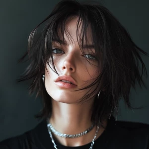 a woman, look to the camera, close up photo, medium Shaggy cut H...