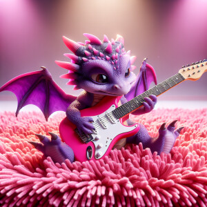 A purple baby dragon playing the electric guitar on a pink shag...