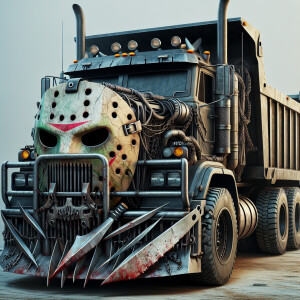 Design a dump truck influenced by Jason Voorhees, featuring them...