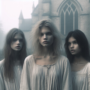 Create a faded color film photograph from 1962 of three beautifu...