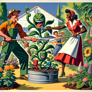 Hostile plants attack a man and woman who work in a garden. Pain...