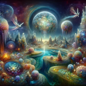 A luminous, crystalline watering hole thrives in the heart of an...