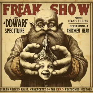 Create a vintage-style Freak Show poster featuring the dwarf Gee...