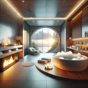 Modern bathroom design with spa tub fireplace and natural light...