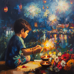 A boy lighting fire crackers, diya, flowers, lanterns, fireworks...