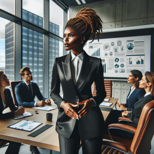 Describe a sophisticated Black woman with a caramel 
complexion, styled locs, and a sleek business suit, leading 
a boardroom discussion on environmental sustainability in 
a sleek urban office building."