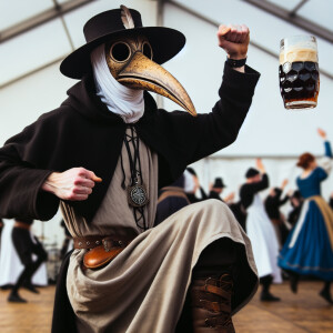 Plague doctor dancing lezginka with a glass of Guinness in hand.