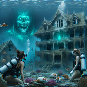 Two girls scuba diving underwater see a sunken city. A pale, sca...
