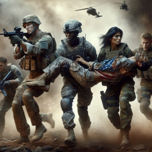 Create images of military men and women in battle shooting their...