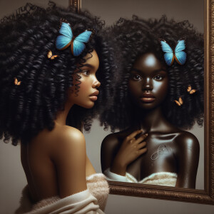 Create a 3-D realistic beautiful African-American  women with thick curly black hair
Looking at herself in the mirror, but the reflection she sees is a child, and she is no longer beautiful. She is ugly with scars. There is a fallen butterfly.