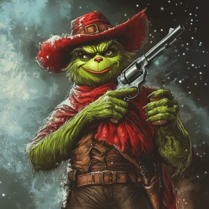 Grinch with a gun in his hands as a bandit. Use carton style.